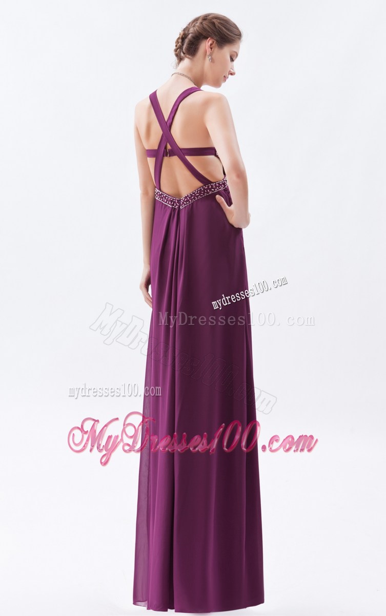Dark Purple Column Straps High Slit Celebrity Dresses with Beading