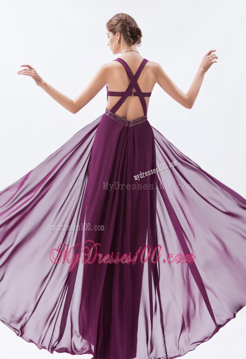Dark Purple Column Straps High Slit Celebrity Dresses with Beading