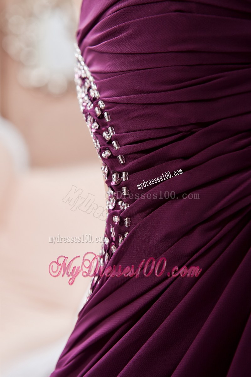 Dark Purple Column Straps High Slit Celebrity Dresses with Beading