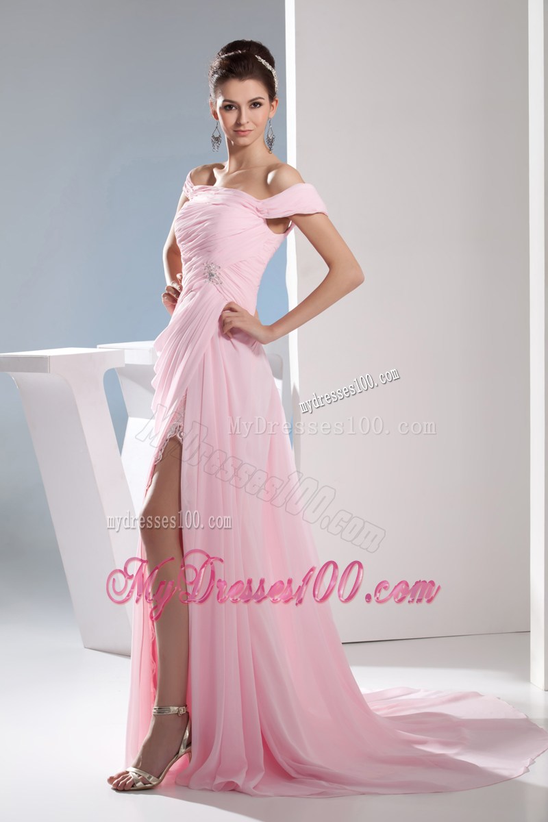 Empire Off the Shoulder Court Train Pink Ruching Celebrity Dresses