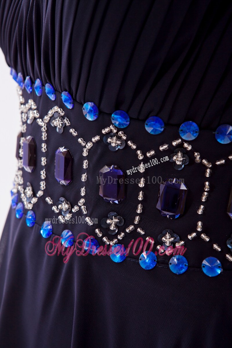 Navy Blue Empire One Shoulder Celebrity Dresses with Ruching