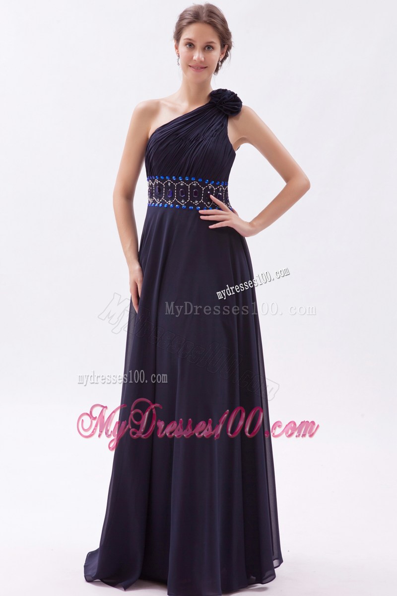 Navy Blue Empire One Shoulder Celebrity Dresses with Ruching