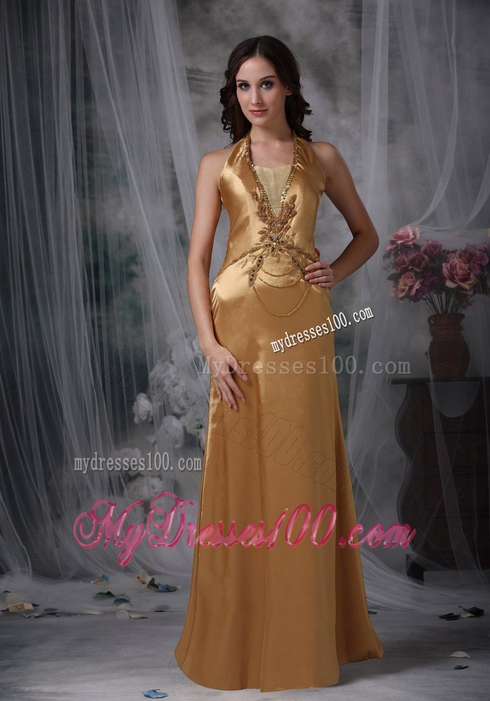 Gorgeous Gold Celebrity Dresses with Halter Beading and Appliques