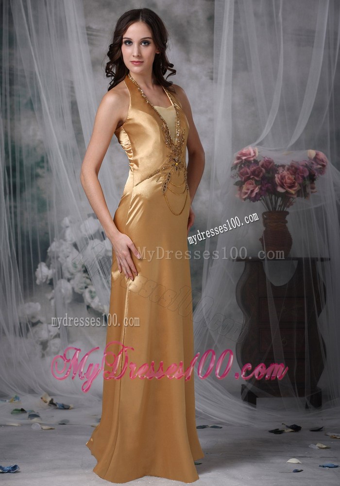 Gorgeous Gold Celebrity Dresses with Halter Beading and Appliques