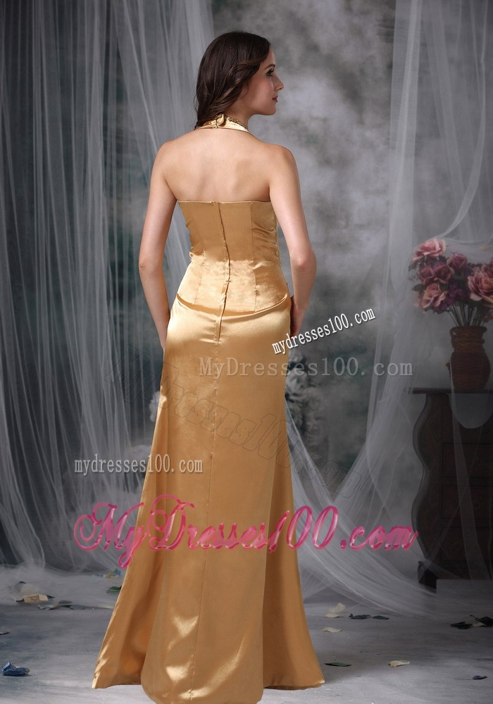 Gorgeous Gold Celebrity Dresses with Halter Beading and Appliques