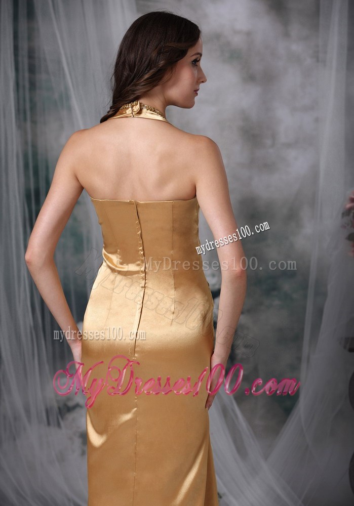 Gorgeous Gold Celebrity Dresses with Halter Beading and Appliques