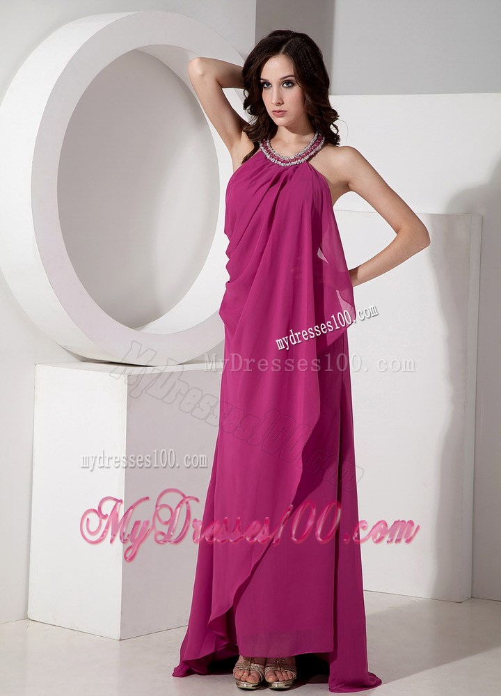 Simple Modest Fuchsia Halter Top Celebrity Dresses with Beading