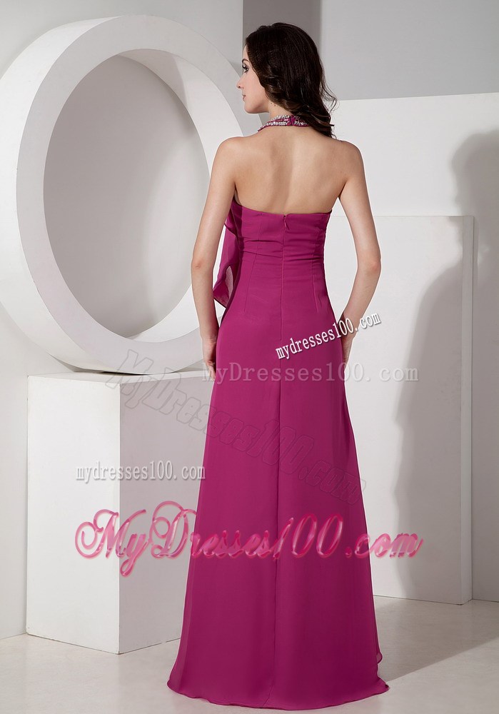 Simple Modest Fuchsia Halter Top Celebrity Dresses with Beading