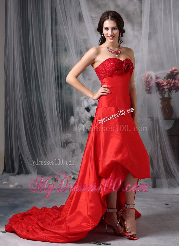 Customize Red High-low Celebrity Dresses with Sweetheart Hand Flowers