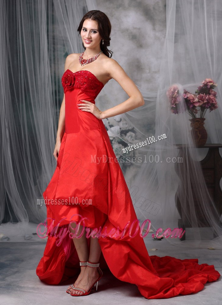 Customize Red High-low Celebrity Dresses with Sweetheart Hand Flowers