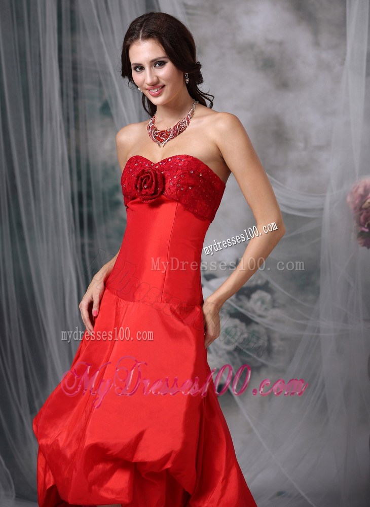 Customize Red High-low Celebrity Dresses with Sweetheart Hand Flowers