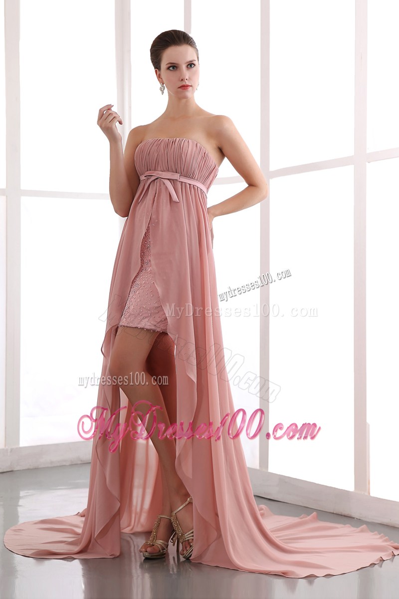 Peach Column Strapless High-low Celebrity Dresses with Beading