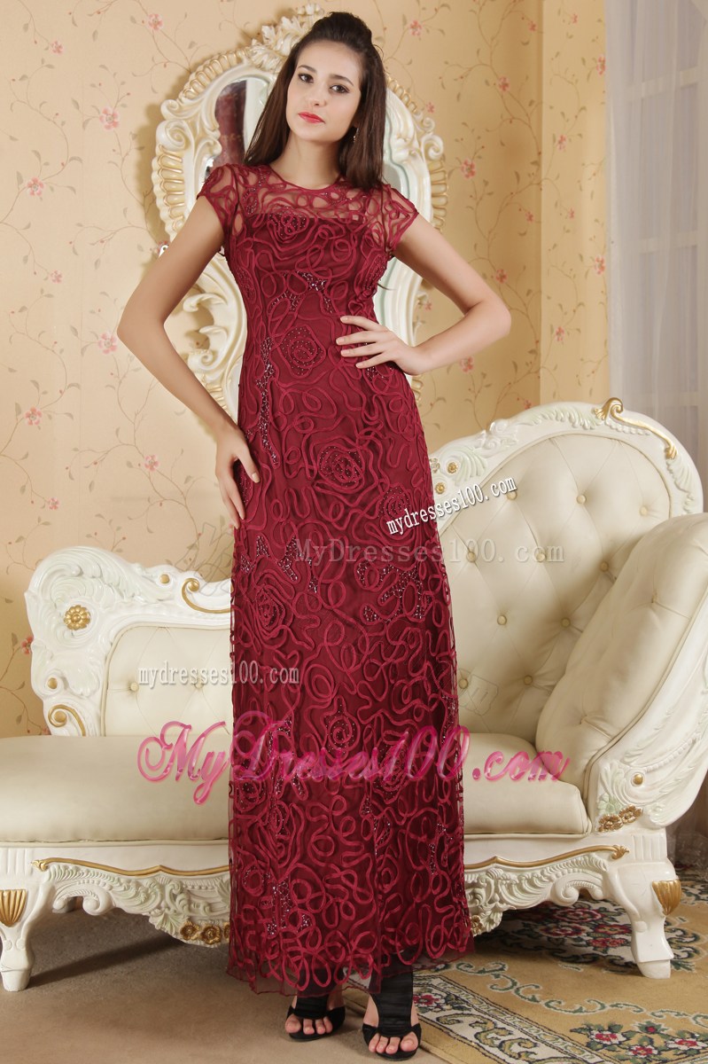 Burgundy Column Bateau Short Sleeves Beading Celebrity Dresses