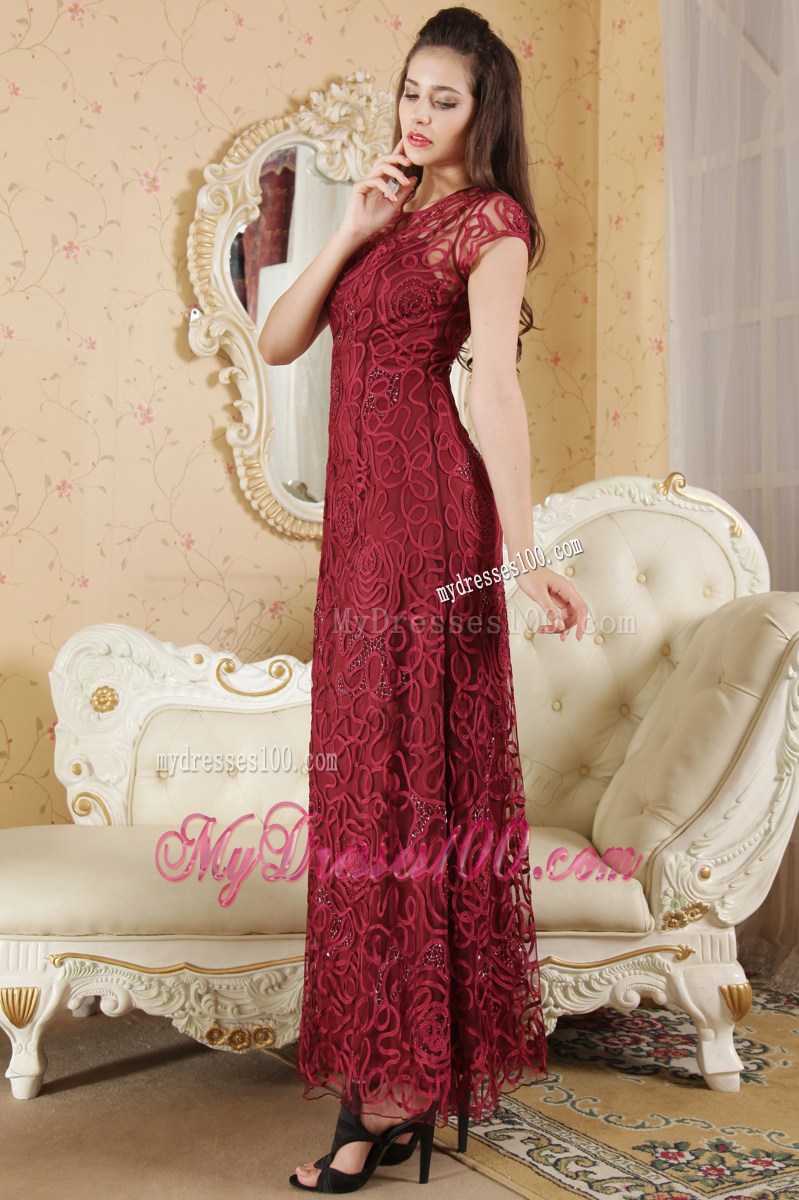 Burgundy Column Bateau Short Sleeves Beading Celebrity Dresses