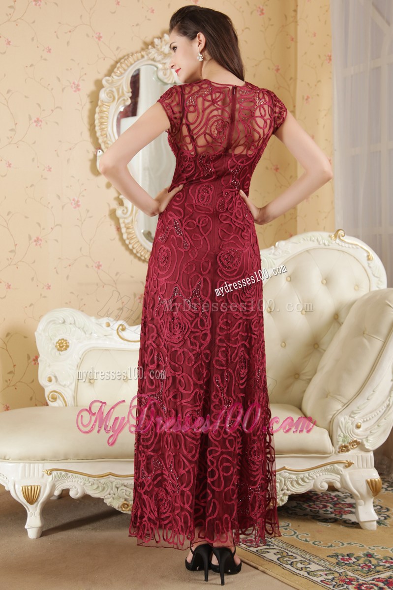 Burgundy Column Bateau Short Sleeves Beading Celebrity Dresses