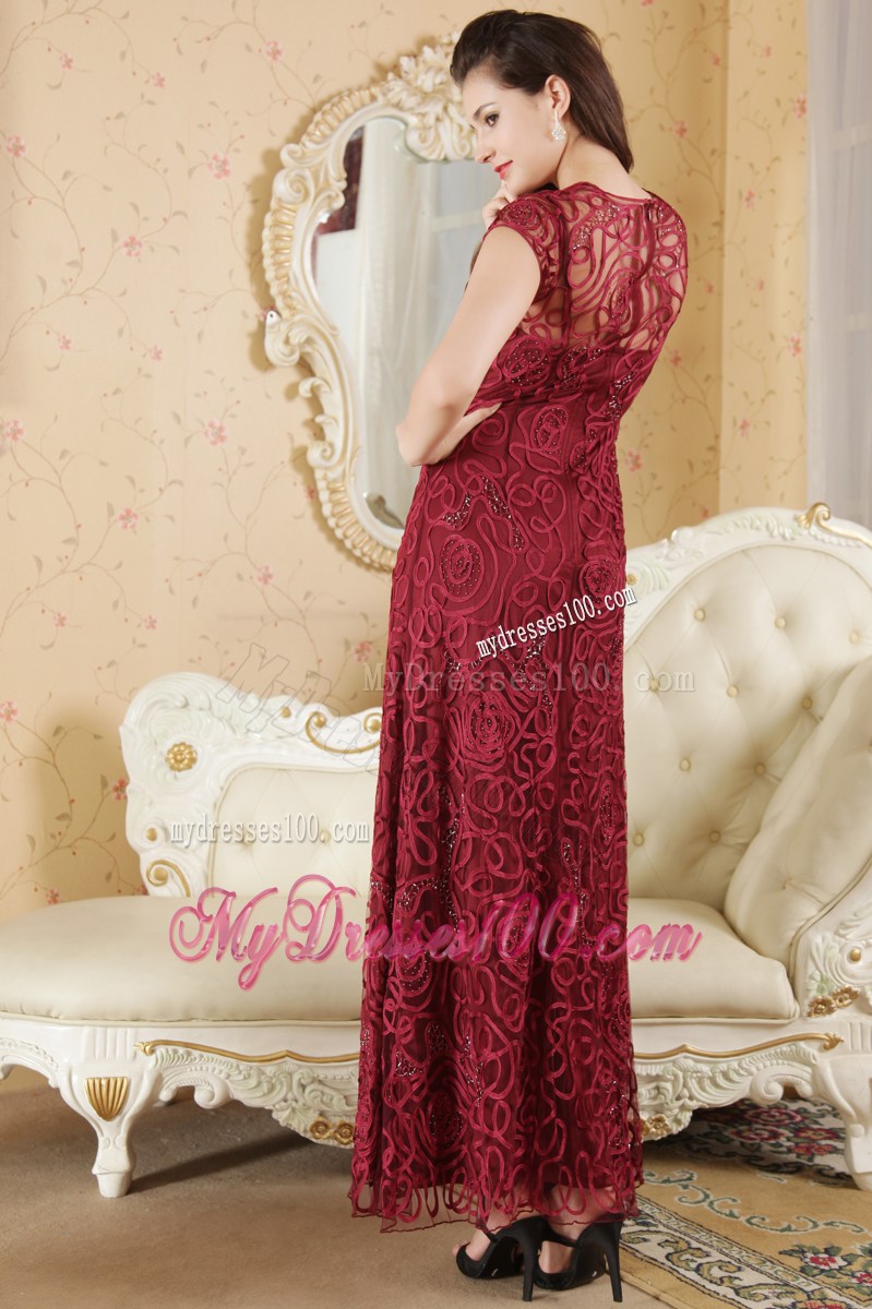 Burgundy Column Bateau Short Sleeves Beading Celebrity Dresses