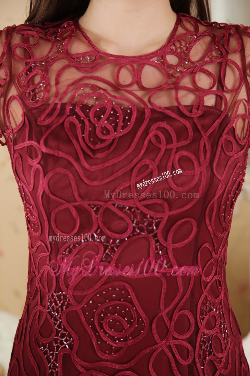 Burgundy Column Bateau Short Sleeves Beading Celebrity Dresses
