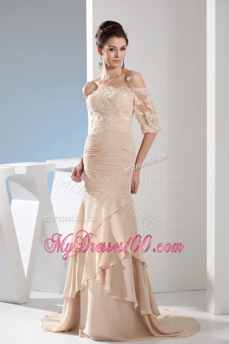 Fashion Mermaid Champagne Off the Shoulder Lace Celebrity Dresses