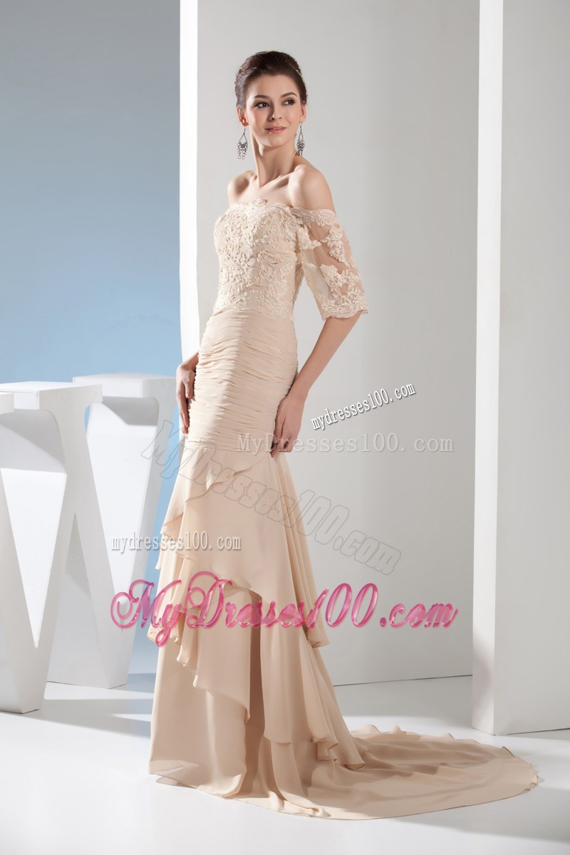 Fashion Mermaid Champagne Off the Shoulder Lace Celebrity Dresses