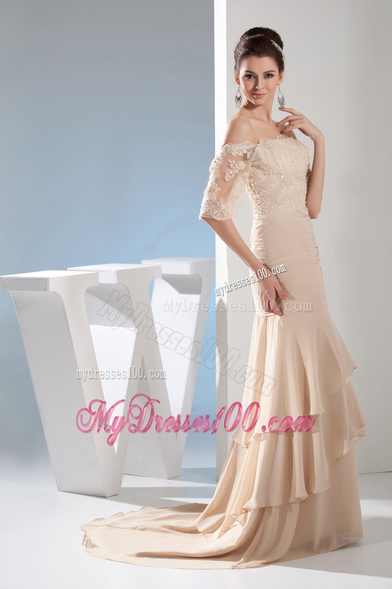 Fashion Mermaid Champagne Off the Shoulder Lace Celebrity Dresses