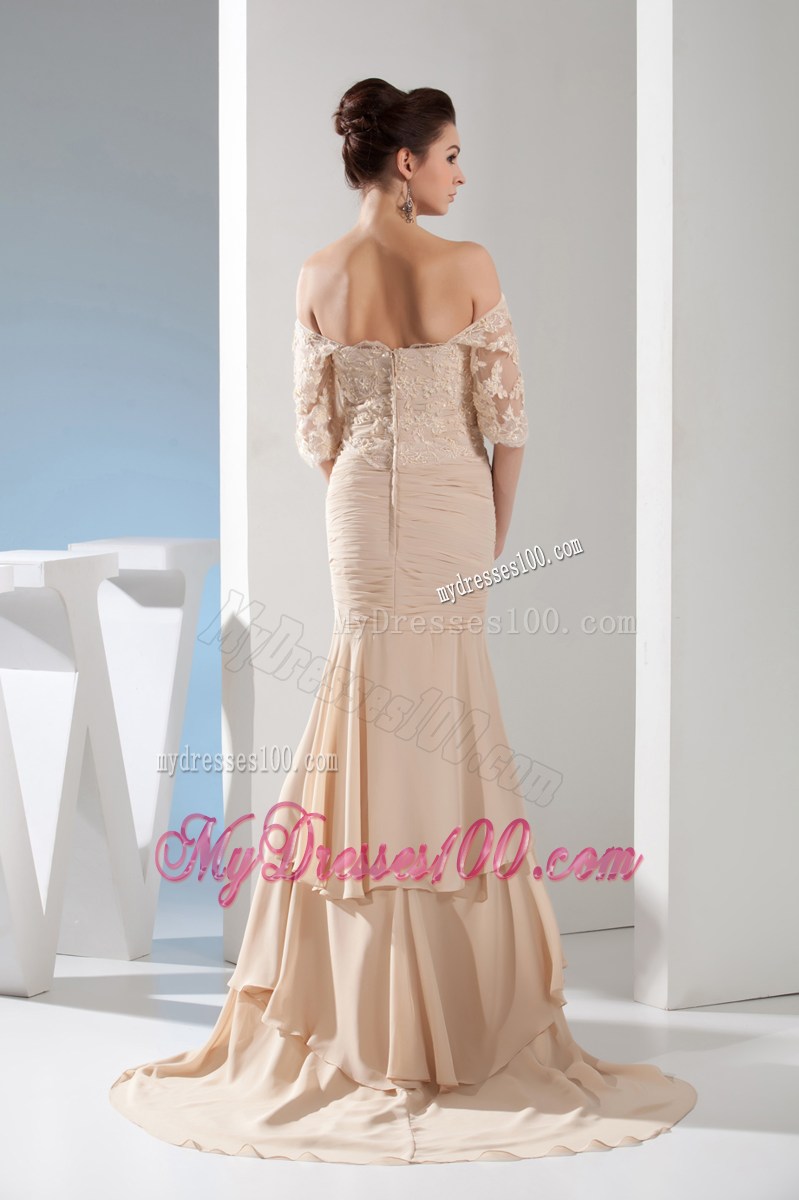 Fashion Mermaid Champagne Off the Shoulder Lace Celebrity Dresses