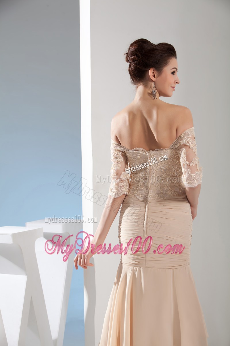 Fashion Mermaid Champagne Off the Shoulder Lace Celebrity Dresses