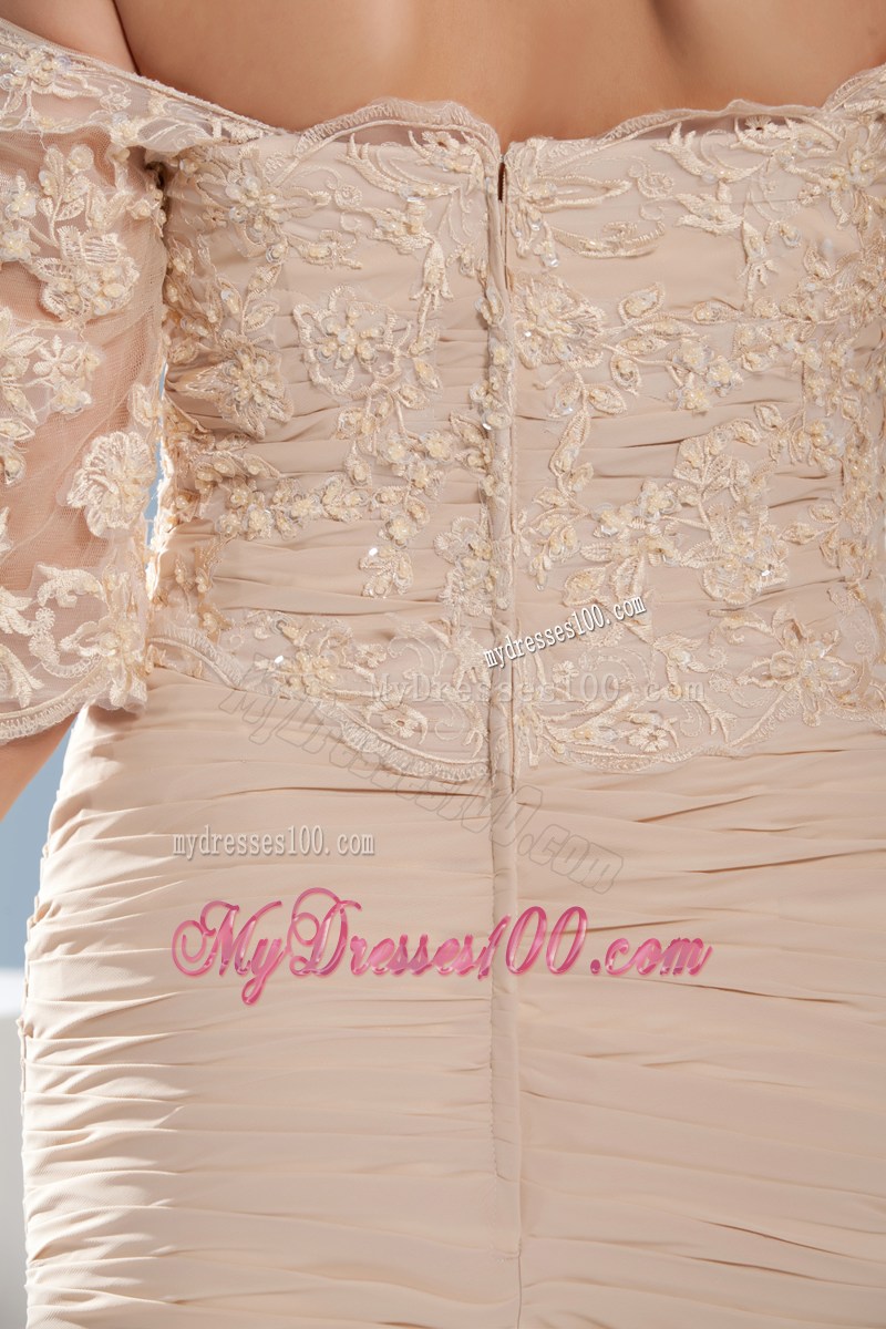 Fashion Mermaid Champagne Off the Shoulder Lace Celebrity Dresses