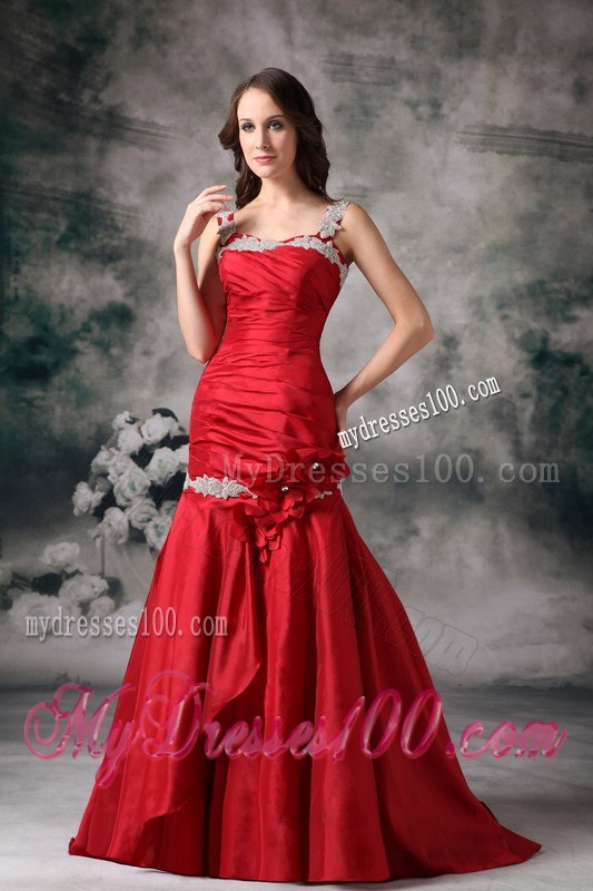 Latest Red Mermaid Straps Celebrity Dresses with Appliques Brush Train