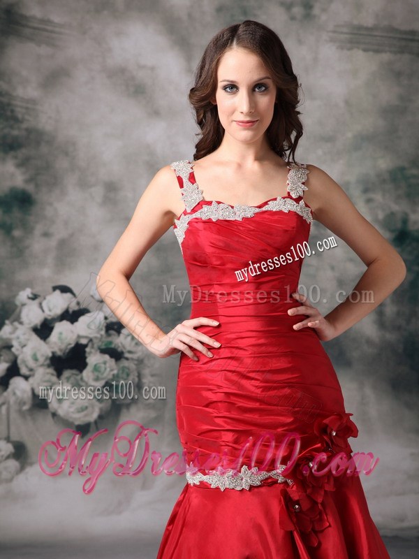 Latest Red Mermaid Straps Celebrity Dresses with Appliques Brush Train