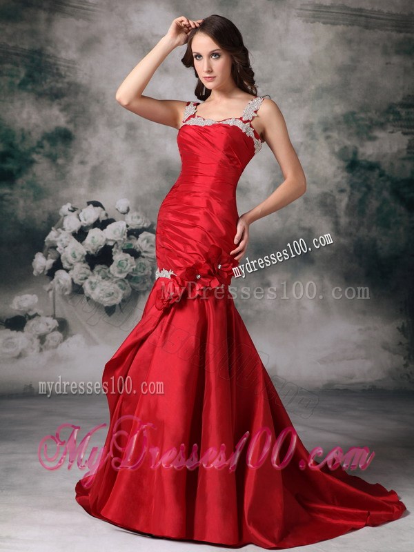 Latest Red Mermaid Straps Celebrity Dresses with Appliques Brush Train