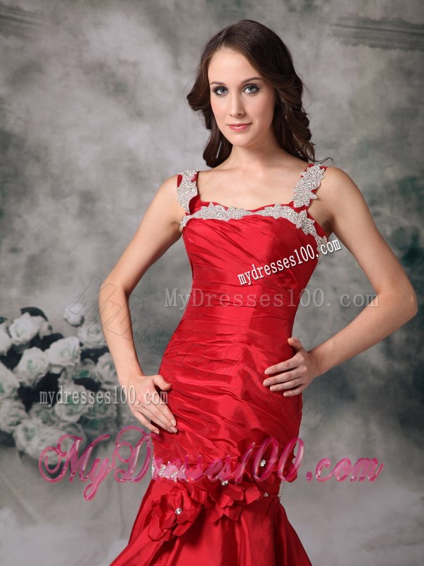 Latest Red Mermaid Straps Celebrity Dresses with Appliques Brush Train