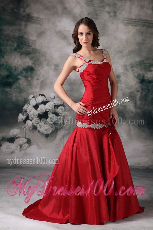 Latest Red Mermaid Straps Celebrity Dresses with Appliques Brush Train