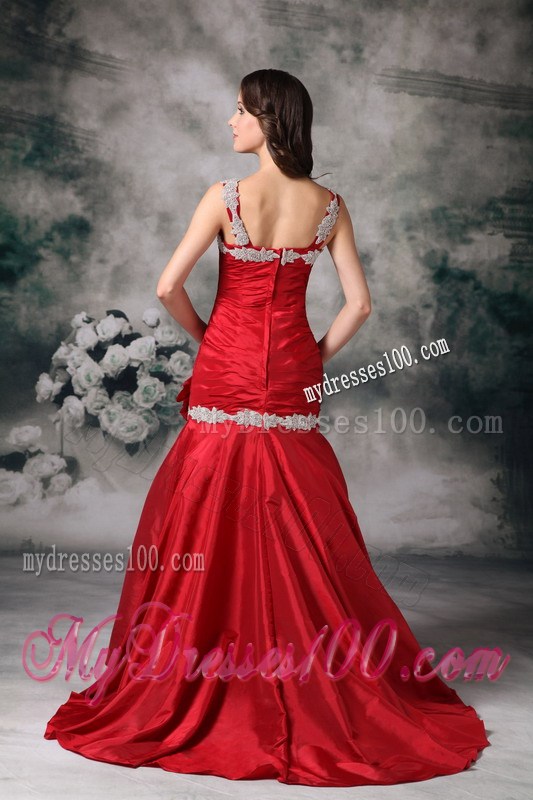 Latest Red Mermaid Straps Celebrity Dresses with Appliques Brush Train