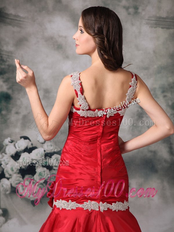 Latest Red Mermaid Straps Celebrity Dresses with Appliques Brush Train