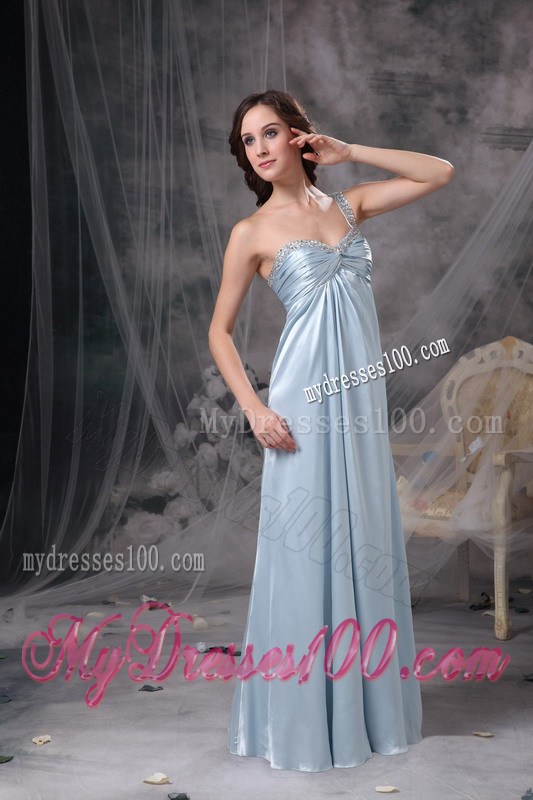 Light Blue Celebrity Dresses Column One Shoulder Beading and Ruched