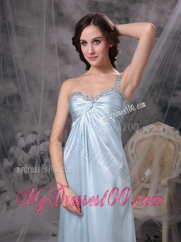 Light Blue Celebrity Dresses Column One Shoulder Beading and Ruched