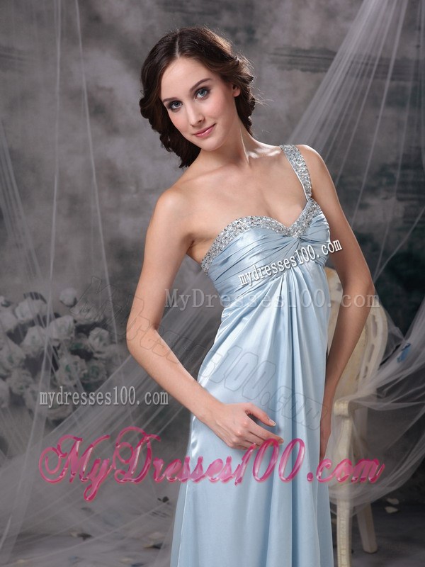 Light Blue Celebrity Dresses Column One Shoulder Beading and Ruched