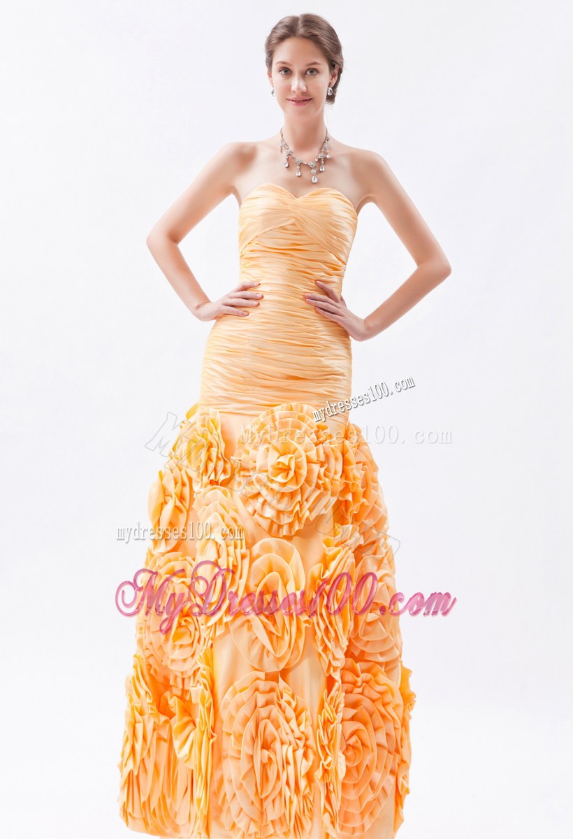Orange Sweetheart Ruched Celebrity Dresses Fabric With Rolling Flower