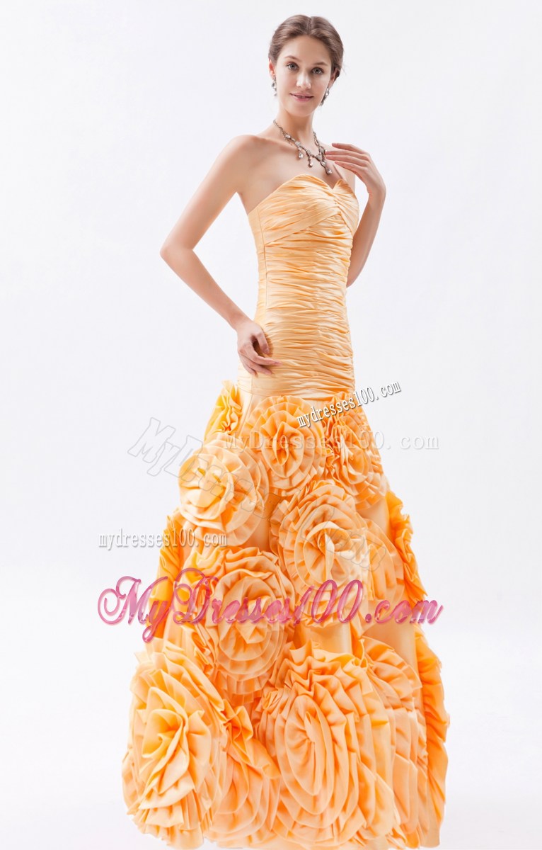 Orange Sweetheart Ruched Celebrity Dresses Fabric With Rolling Flower