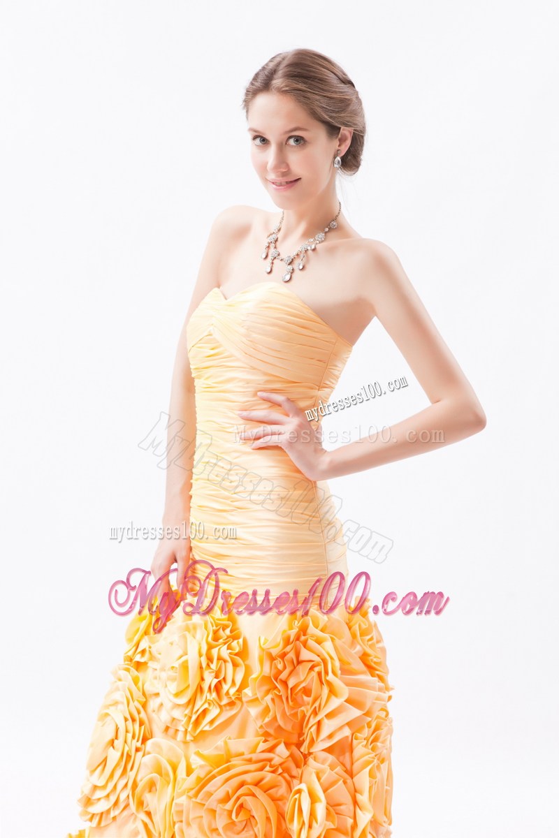 Orange Sweetheart Ruched Celebrity Dresses Fabric With Rolling Flower