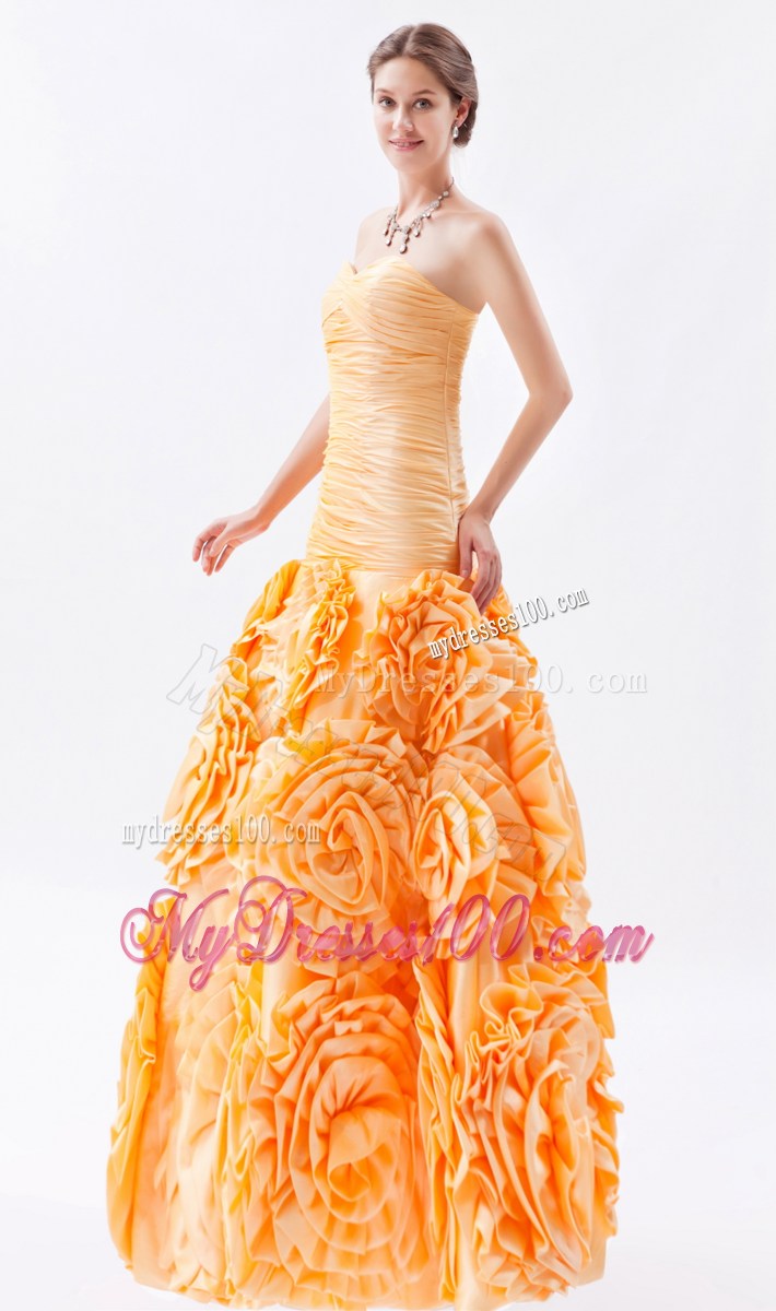 Orange Sweetheart Ruched Celebrity Dresses Fabric With Rolling Flower