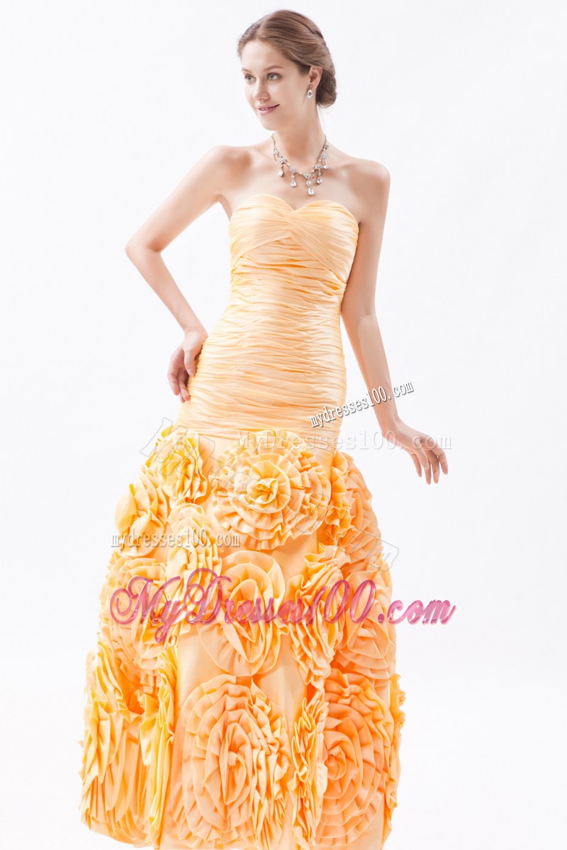 Orange Sweetheart Ruched Celebrity Dresses Fabric With Rolling Flower