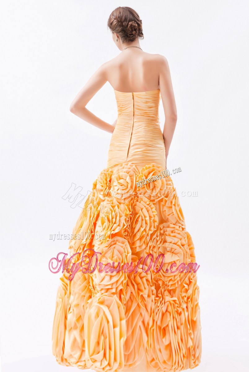 Orange Sweetheart Ruched Celebrity Dresses Fabric With Rolling Flower