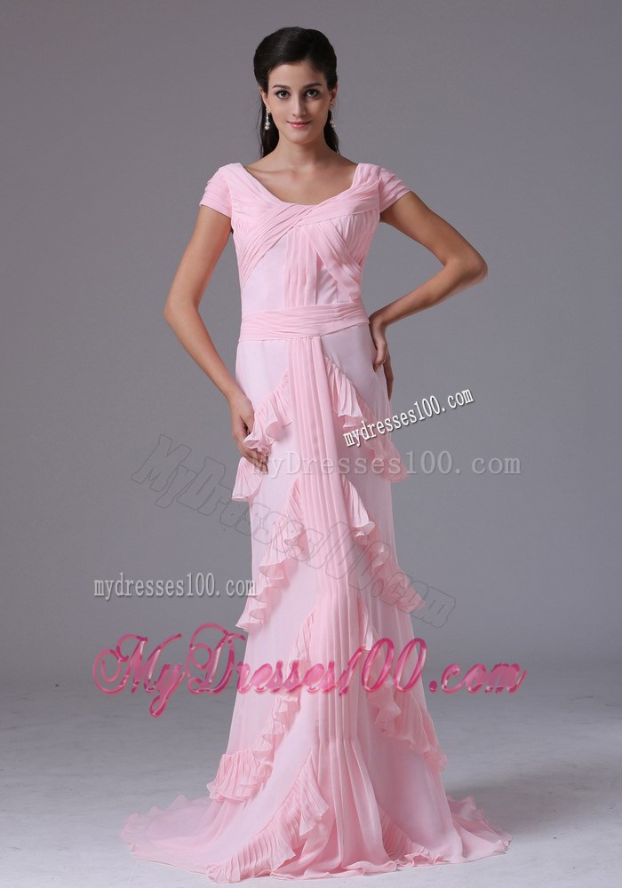 Baby Pink Scoop Short Sleeves Celebrity Dresses With Ruffed Layers