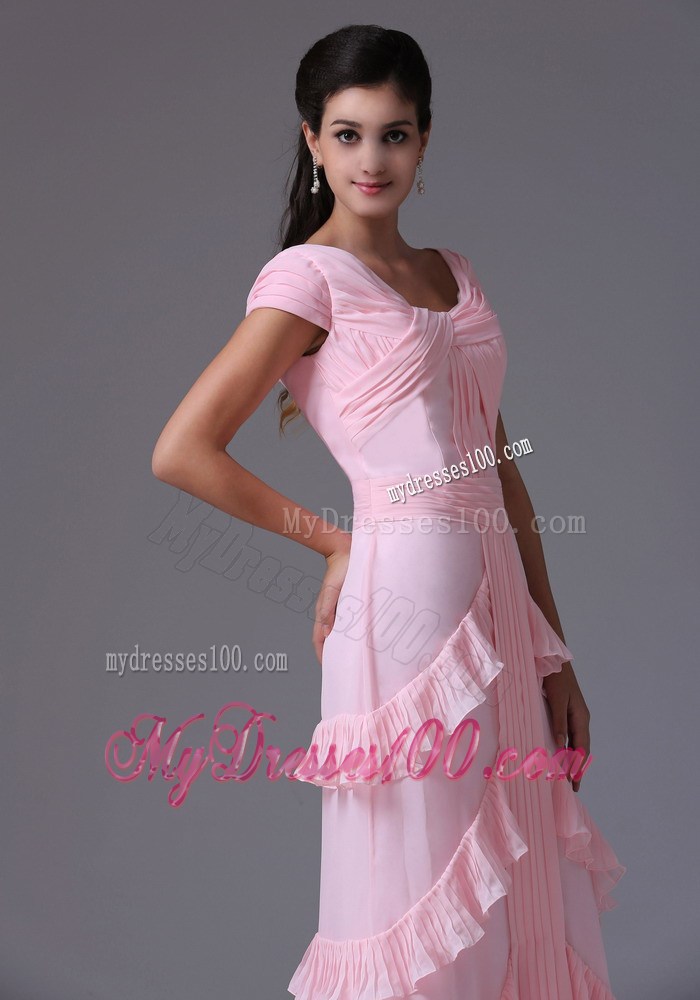 Baby Pink Scoop Short Sleeves Celebrity Dresses With Ruffed Layers