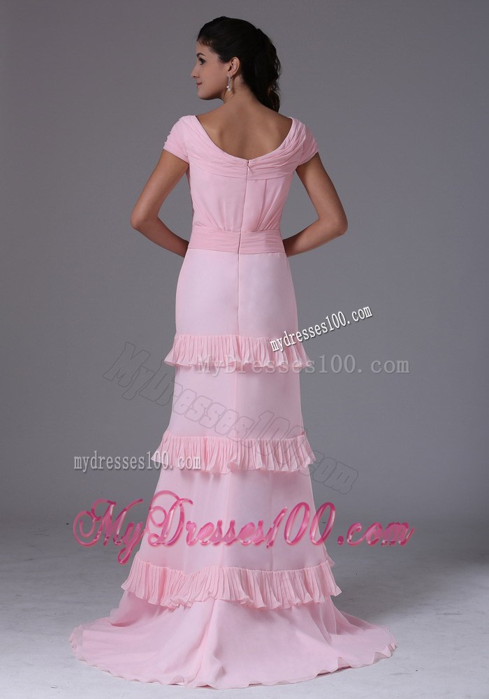 Baby Pink Scoop Short Sleeves Celebrity Dresses With Ruffed Layers