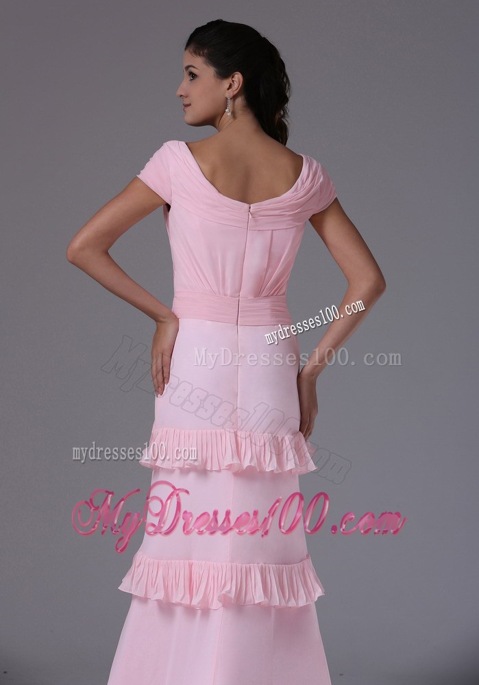 Baby Pink Scoop Short Sleeves Celebrity Dresses With Ruffed Layers