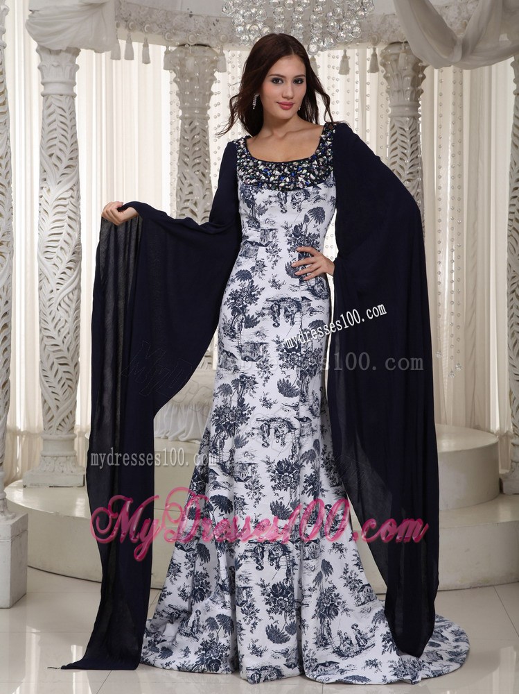 Perfect Mermaid Square Brush Train Printing Beading Celebrity Dresses