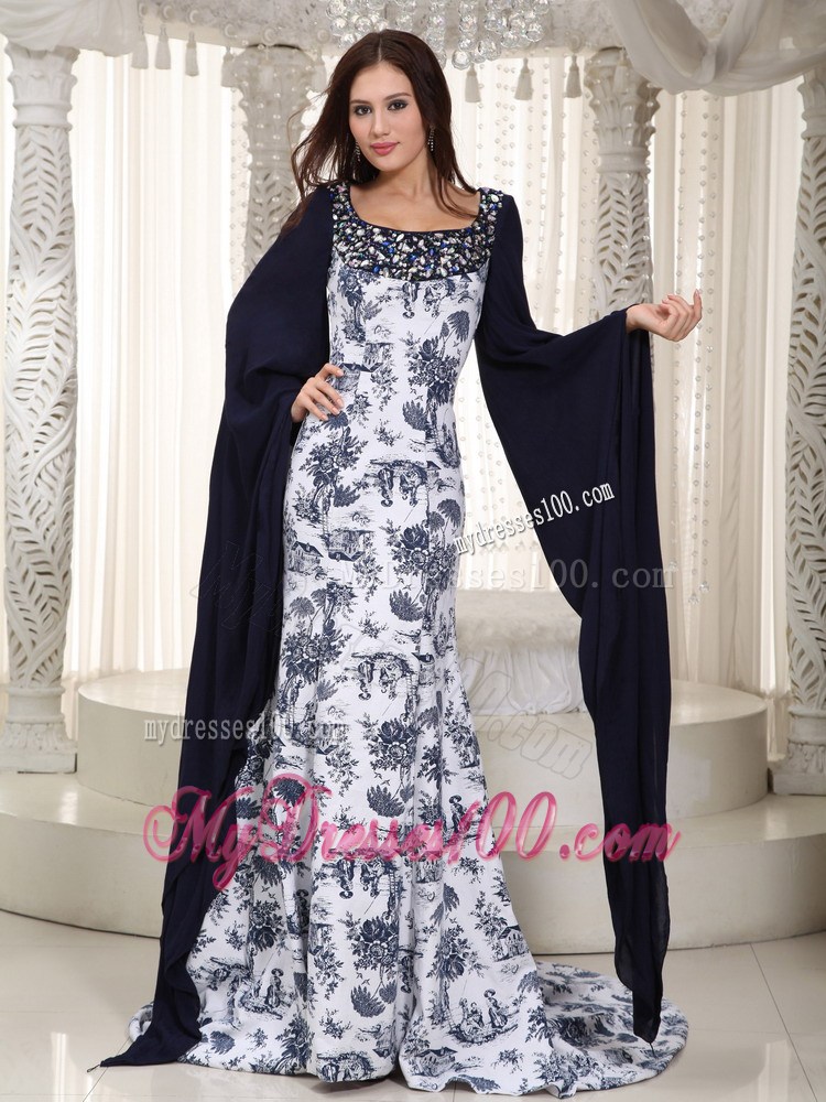 Perfect Mermaid Square Brush Train Printing Beading Celebrity Dresses