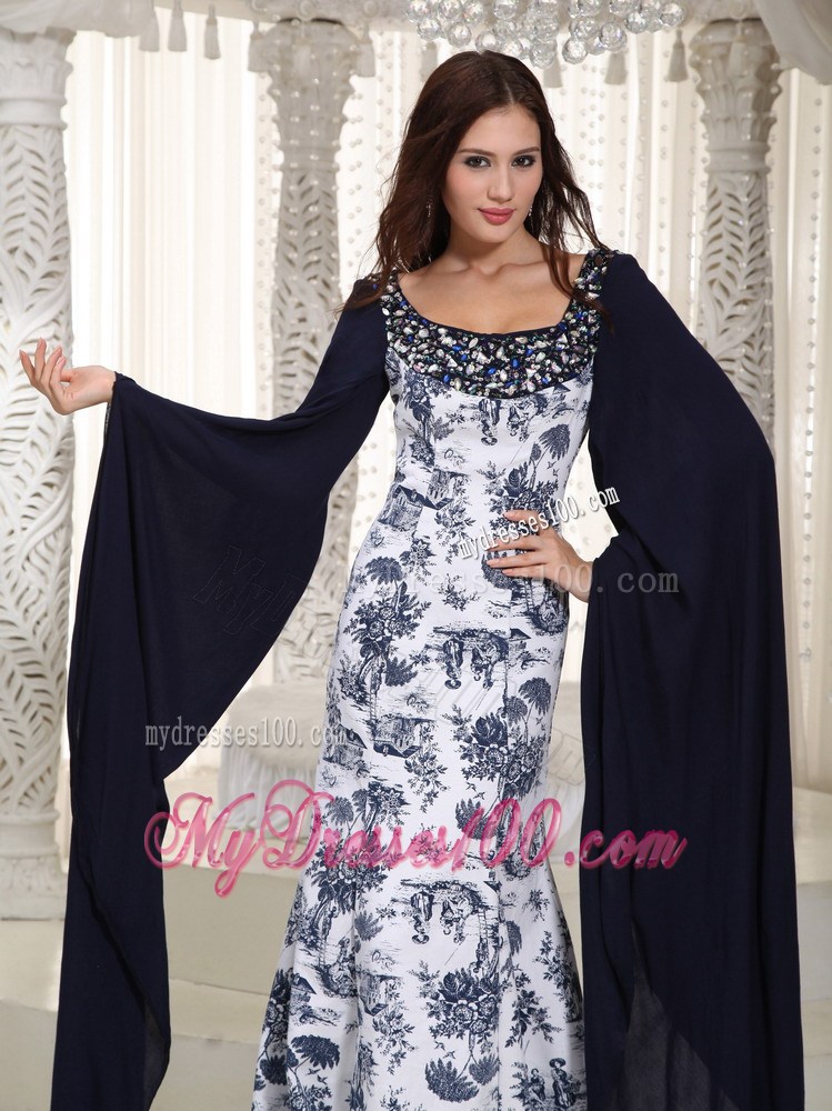 Perfect Mermaid Square Brush Train Printing Beading Celebrity Dresses